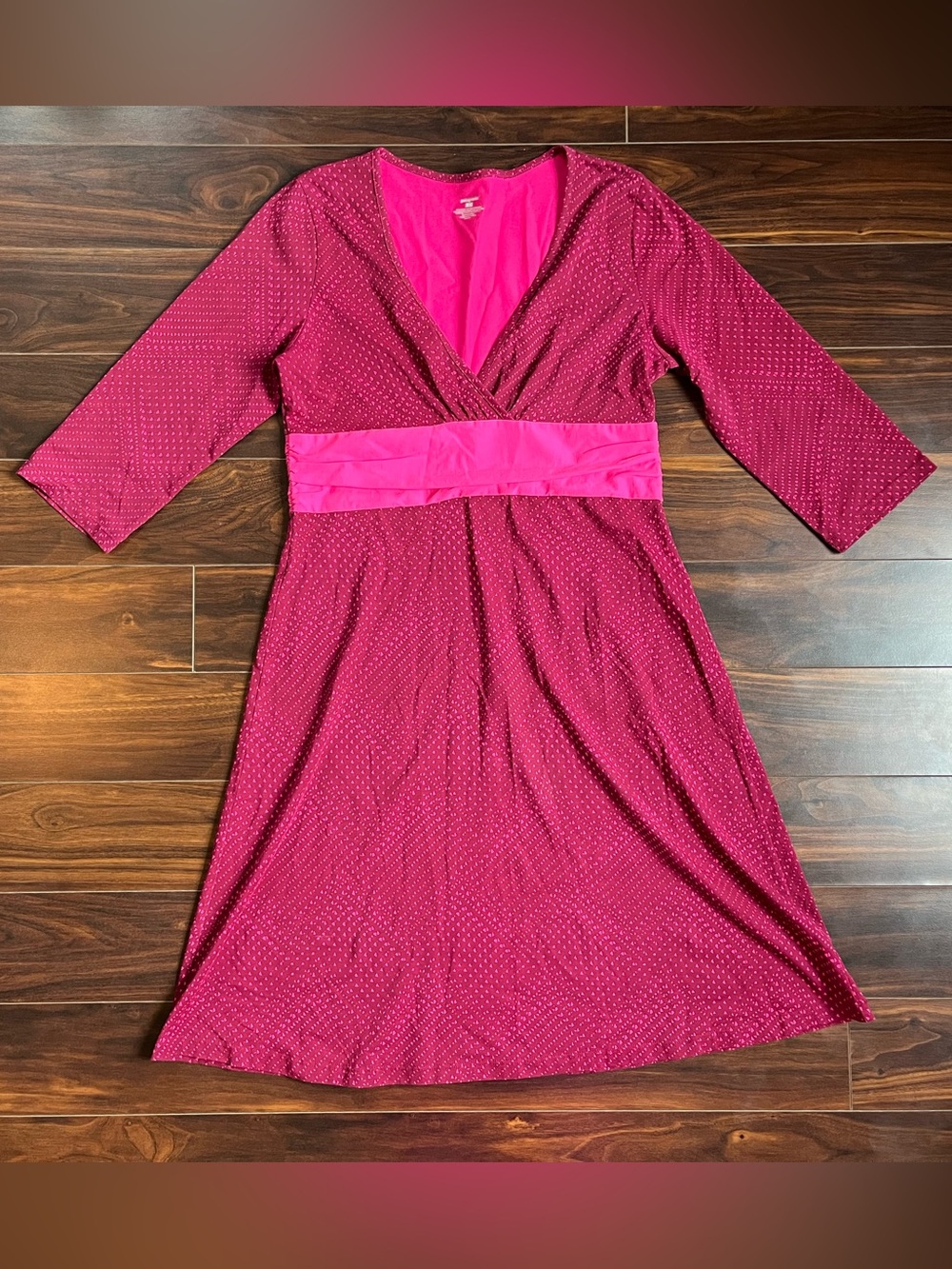 Patagonia Organic Cotton Magenta & Pink V-Neck Dress w/ Empire Waist, L, EUC